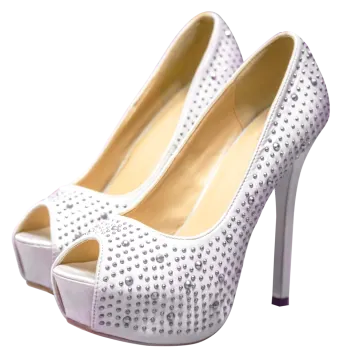 a pair of white high heels with purple crystals on them