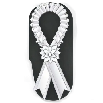 a black and white ribbon with flowers on it
