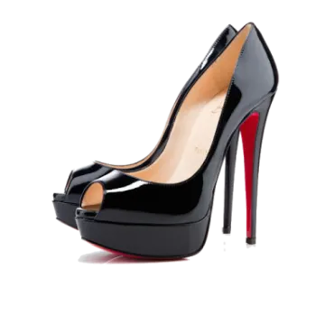 a pair of black high heels with red soles