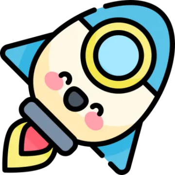 a cartoon rocket with a blue nose and yellow eyes