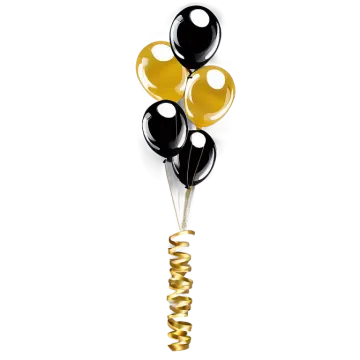 a bunch of black and gold balloons
