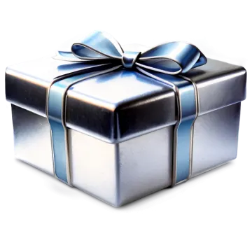 a silver gift box with a blue ribbon