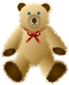 a teddy bear with a red bow on its neck
