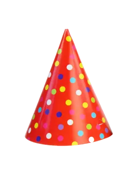 a red party hat with colorful polka dots