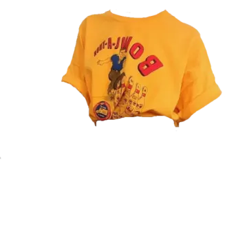 a yellow t - shirt with a cartoon character on it