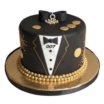a black and gold cake with a bow tie