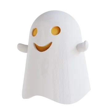 a white ghost with orange eyes and a yellow nose