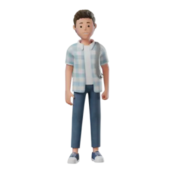 a cartoon character in a blue shirt and jeans