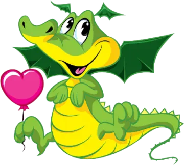 a cartoon dragon holding a heart balloon