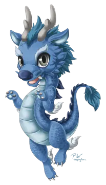 a drawing of a blue dragon with horns