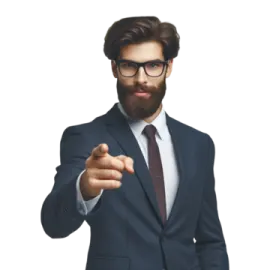 a man in a suit pointing at the camera