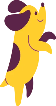 a purple and yellow dog with its mouth open