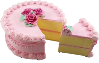 a pink cake with two slices cut into it
