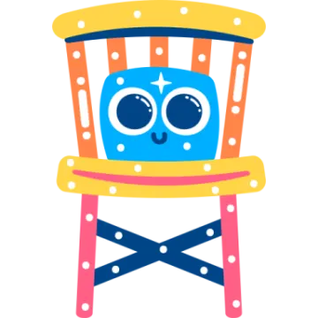 a blue and yellow chair with polka dots on it