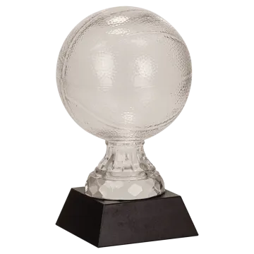 a clear glass trophy on a black base