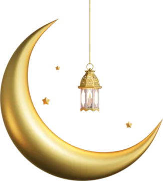 a gold moon with a lantern hanging from it