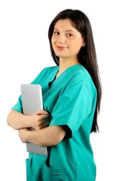 a woman in scrubs holding a tablet computer
