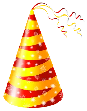 a red and yellow party hat with streamers