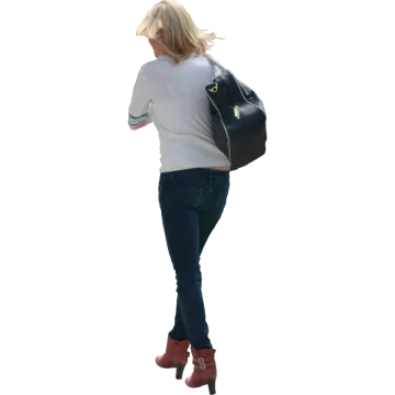 the back of a woman in jeans and a grey sweater