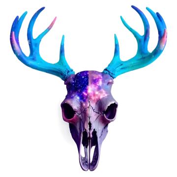 a deer skull with blue and purple paint on it