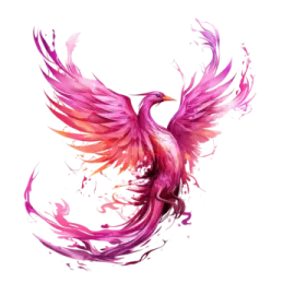 a pink phoenix bird with red and orange feathers