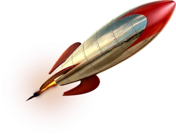 a red and silver rocket flying through the air