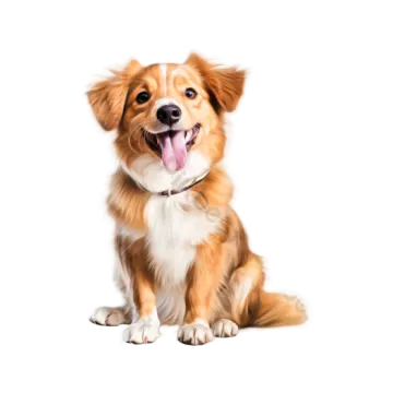 a brown and white dog with its tongue out