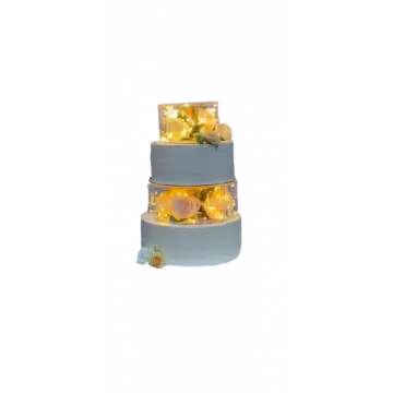 a three tiered cake with flowers on top