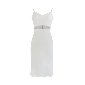 a white lace dress with a silver belt