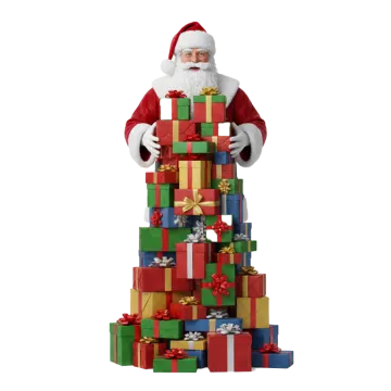 a santa claus standing next to a pile of presents