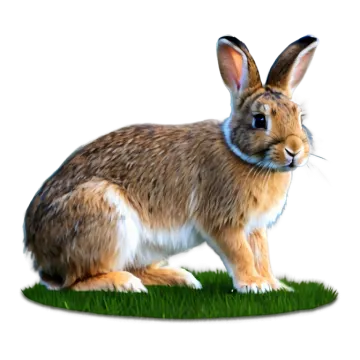 a brown and white rabbit standing in the grass