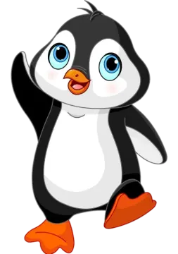 a cartoon penguin with blue eyes and orange feet