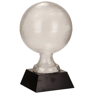 a glass trophy on a black base