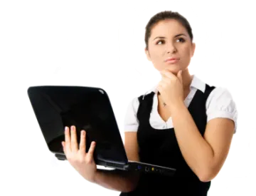 a woman in an apron holding a laptop