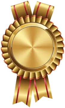 a gold medal with red ribbons
