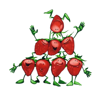 a group of red chers with green leaves