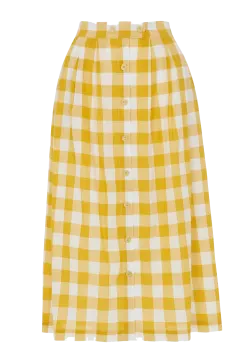 a woman wearing a yellow and white checked skirt