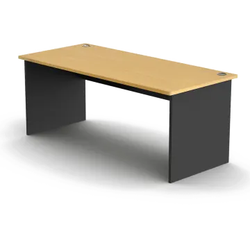 an office desk with black legs and a wooden top