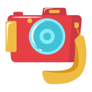 a red camera with a blue lens