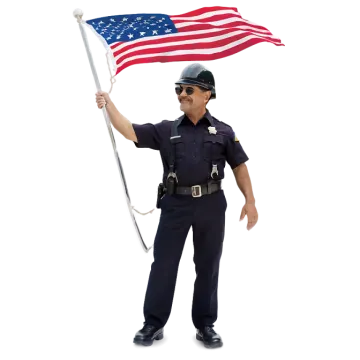 a man in a police uniform holding an american flag