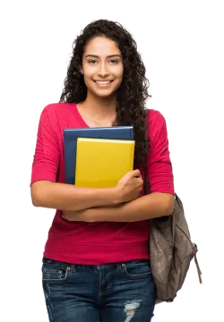 a young woman holding a book and smiling