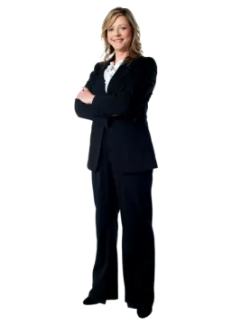 a woman in a black suit and white shirt