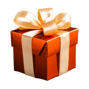 an orange gift box with a white bow
