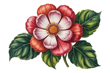 a red and white flower with green leaves