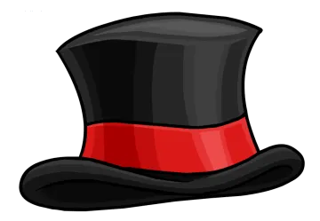 a black top hat with red ribbon