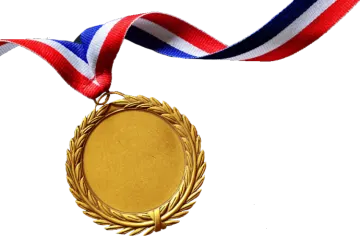 a gold medal with red, white and blue ribbons