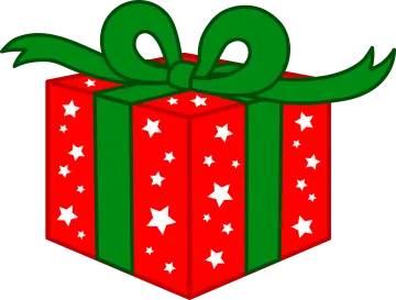 a red gift box with green ribbon and stars