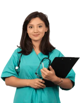 a woman in scrubs holding a clipboard