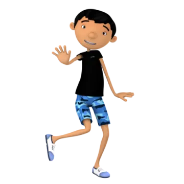 a cartoon boy in a black shirt and blue shorts