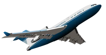 a blue and white airplane flying in the sky